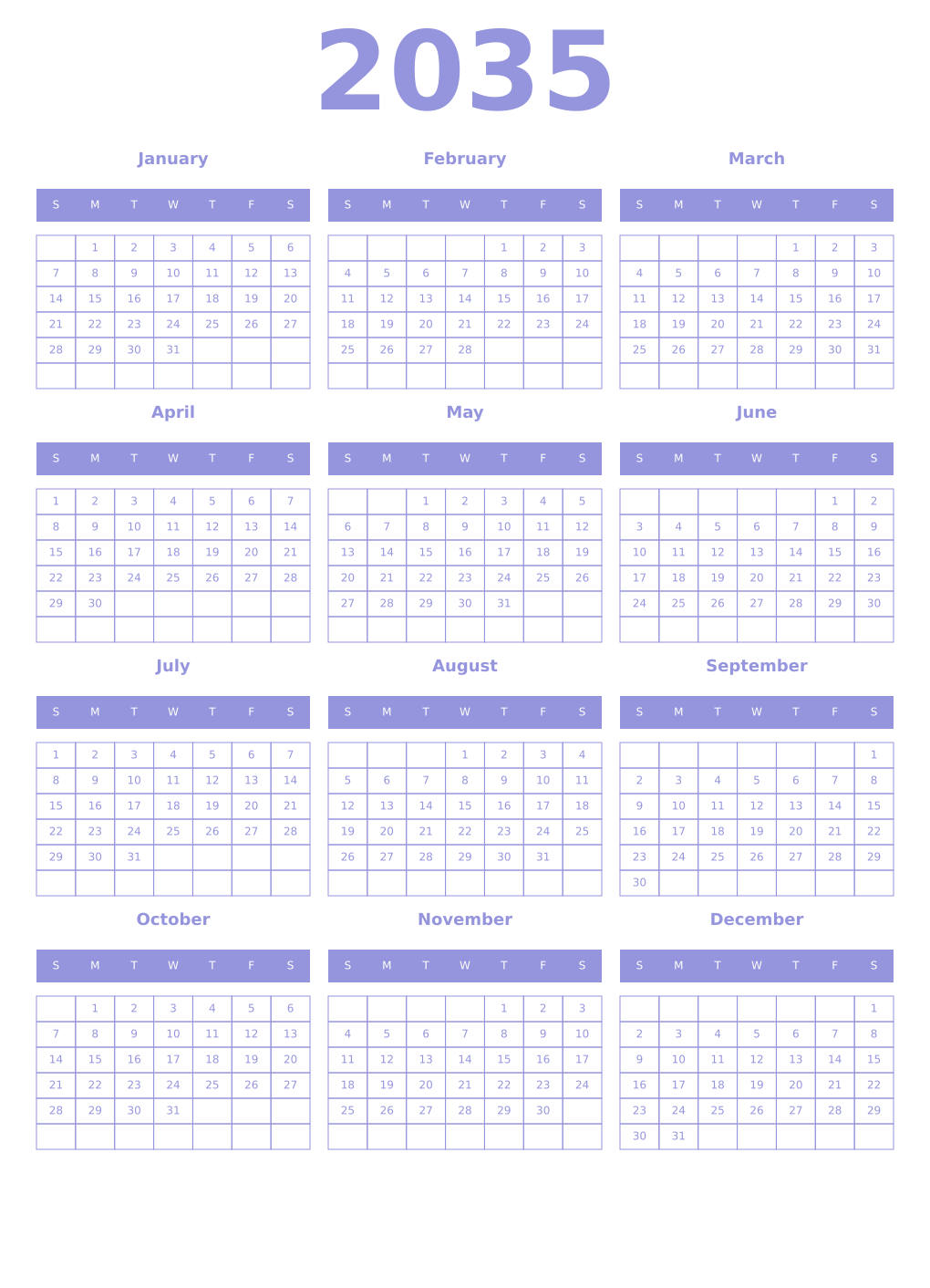 Printable 2035 Year Calendars periwinkle