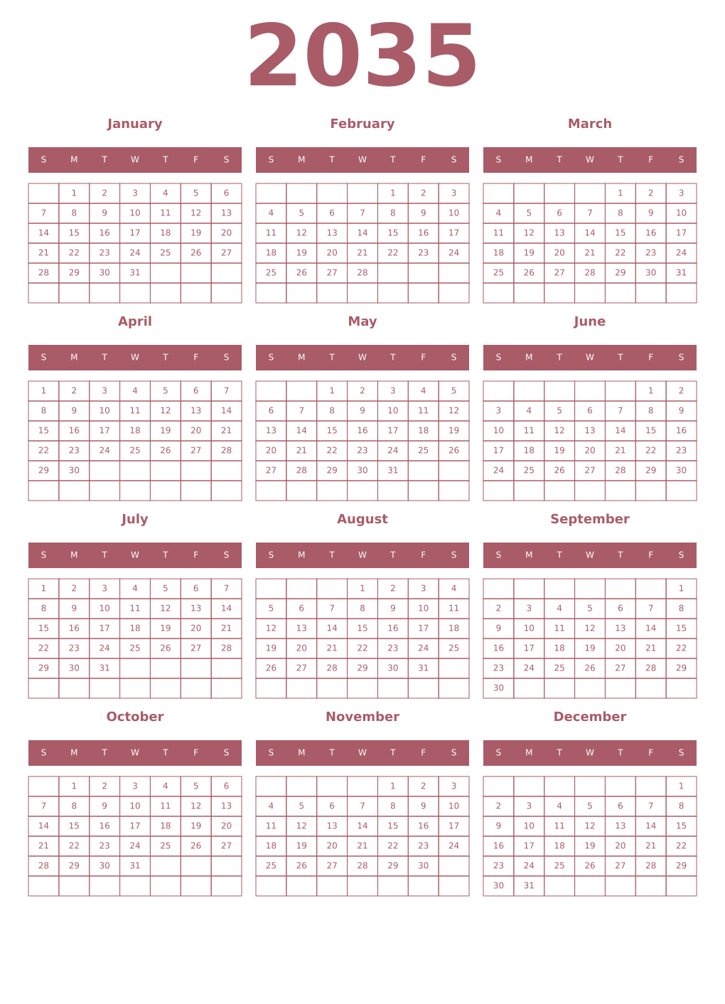 Printable 2035 Year Calendars puce