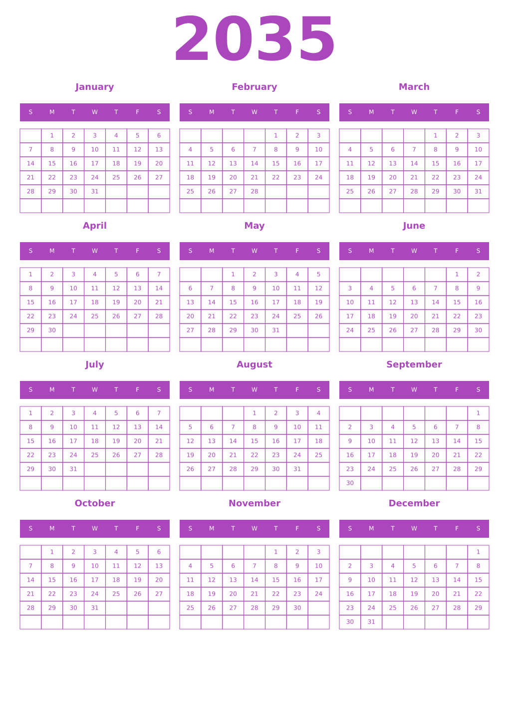Printable 2035 Year Calendars purple