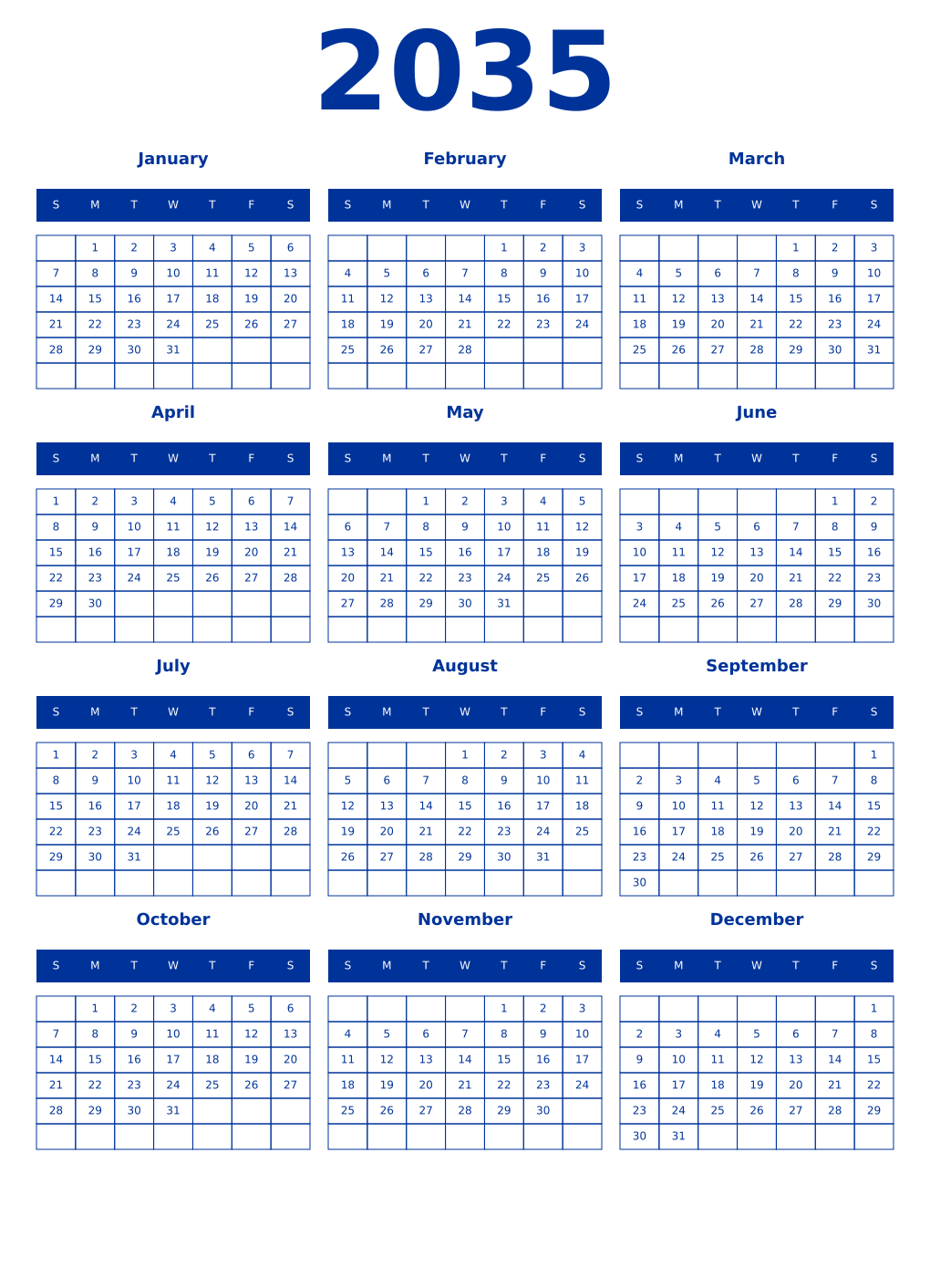 Printable 2035 Year Calendars smalt