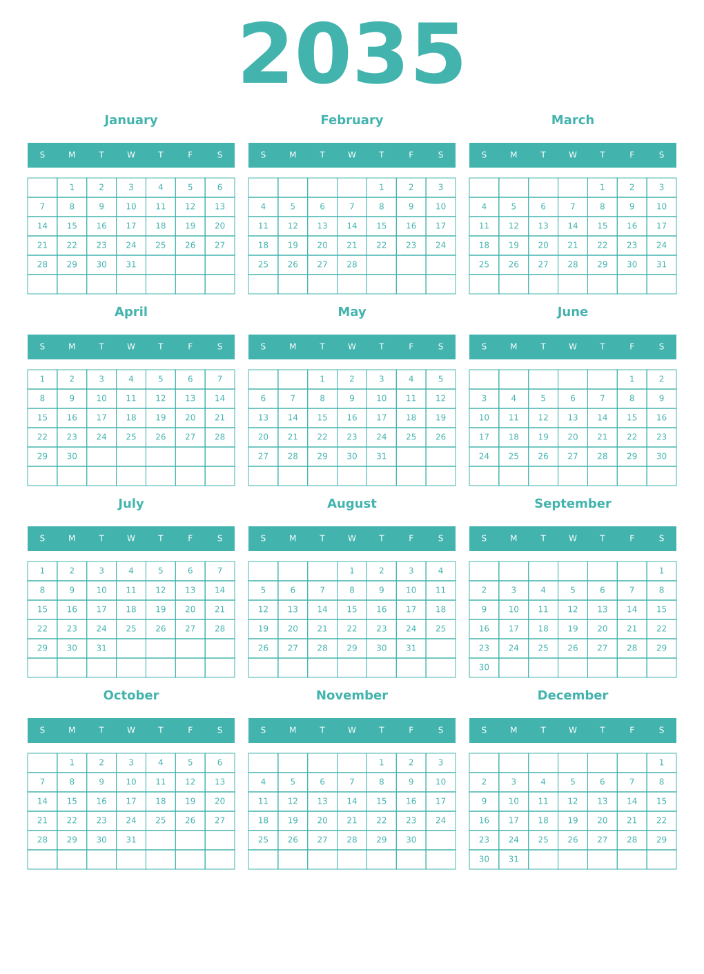 Printable 2035 Year Calendars verdigris