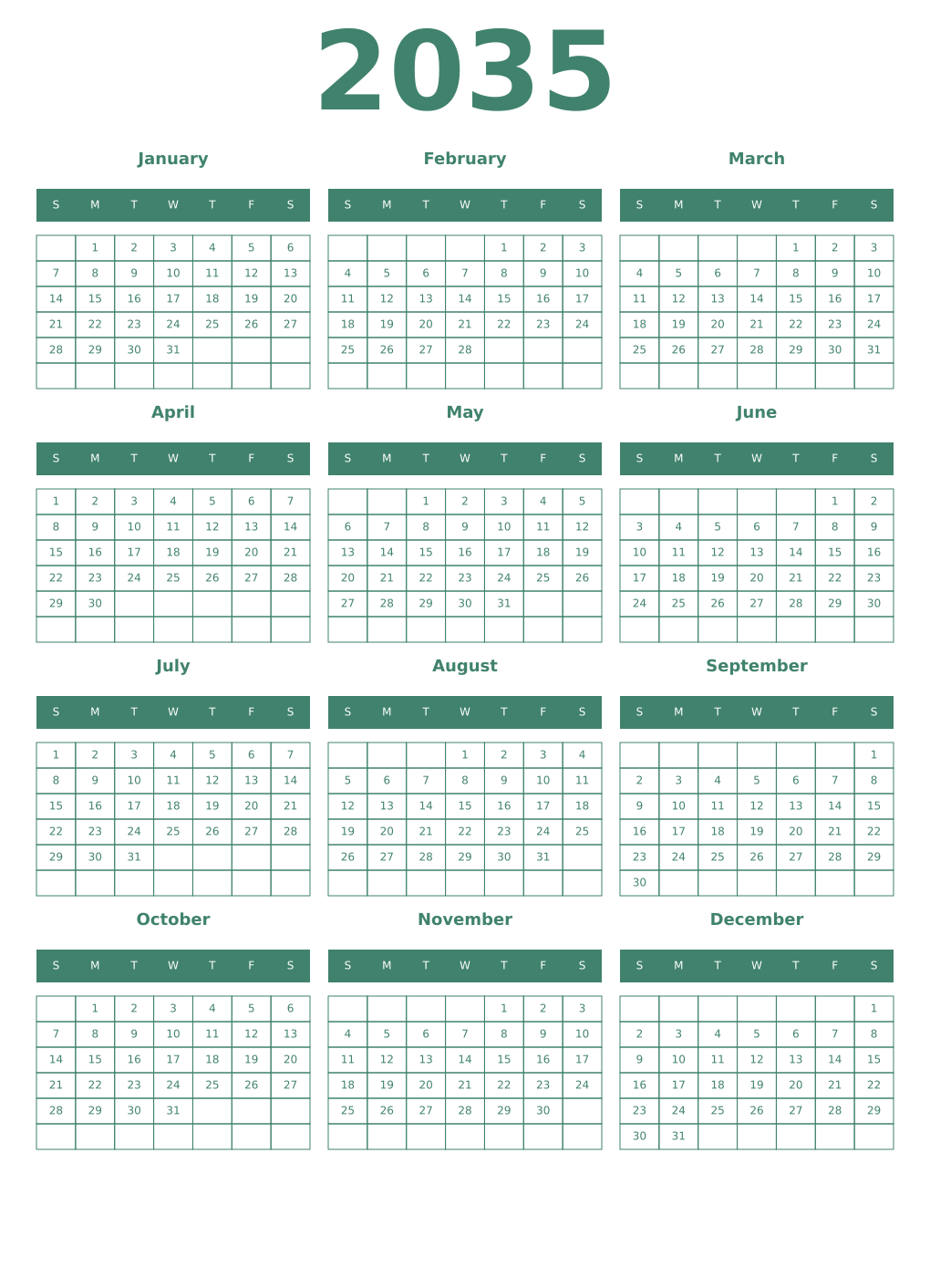 Printable 2035 Year Calendars viridian