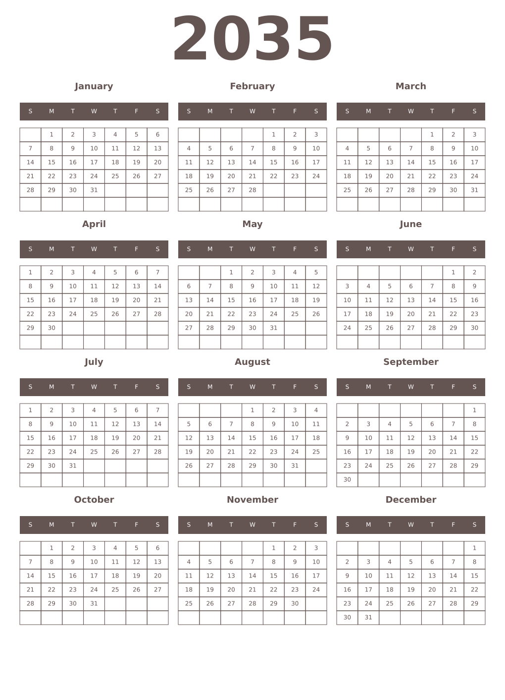 Printable 2035 Year Calendars wenge