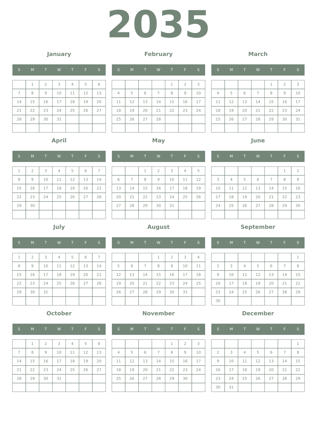 Printable 2035 Year Calendars xanadu