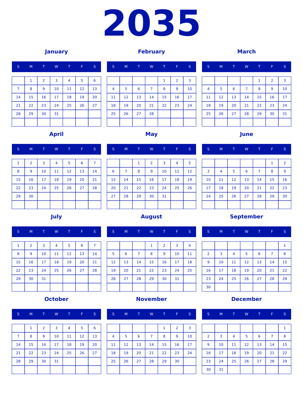 Printable 2035 Year Calendars zaffre