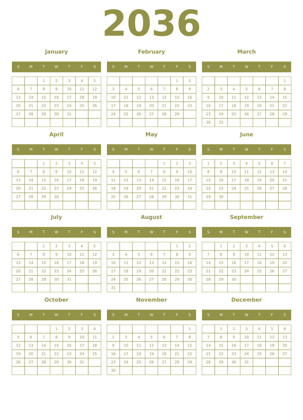 Printable 2036 Year Calendars eburnean