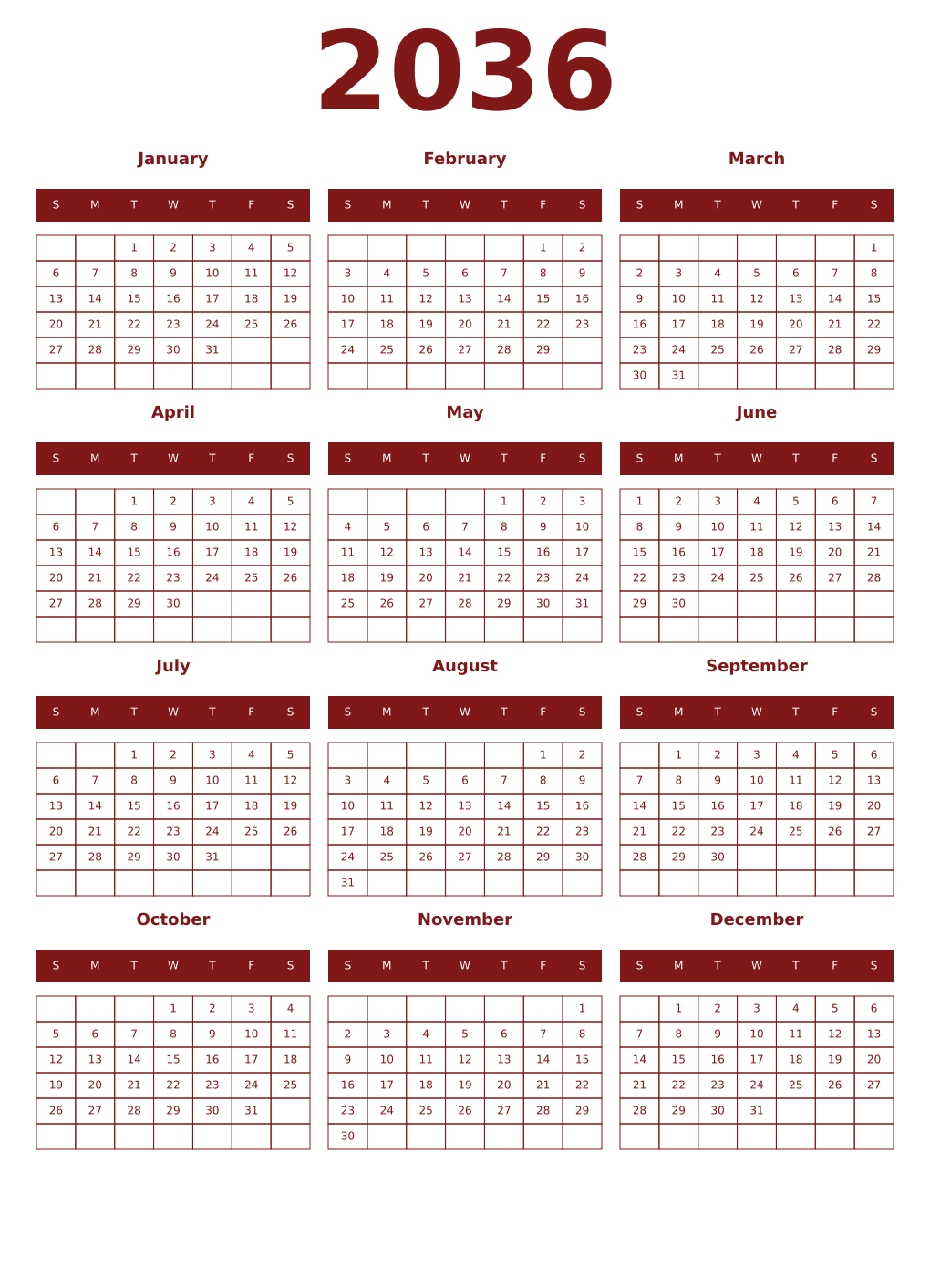 Printable 2036 Year Calendars falu