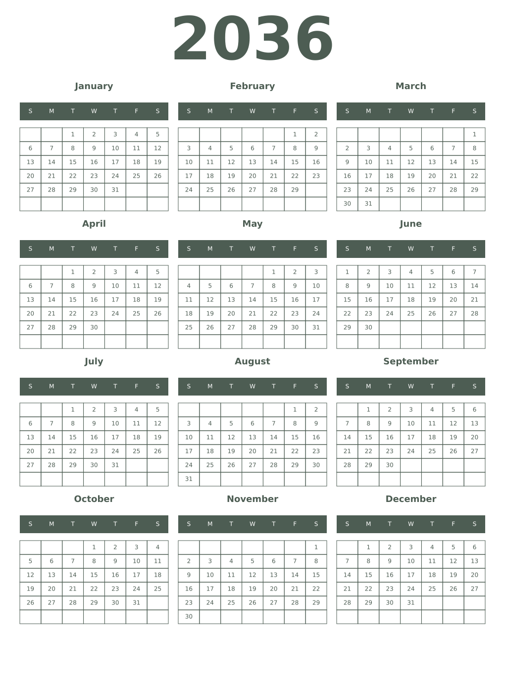 Printable 2036 Year Calendars feldgrau
