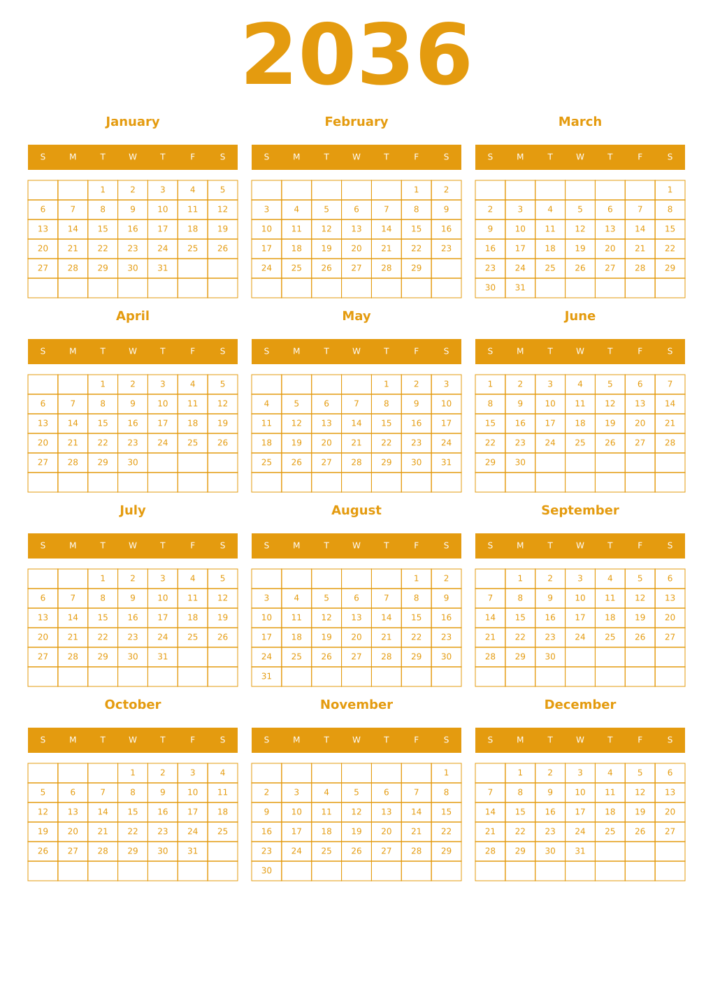 Printable 2036 Year Calendars gamboge