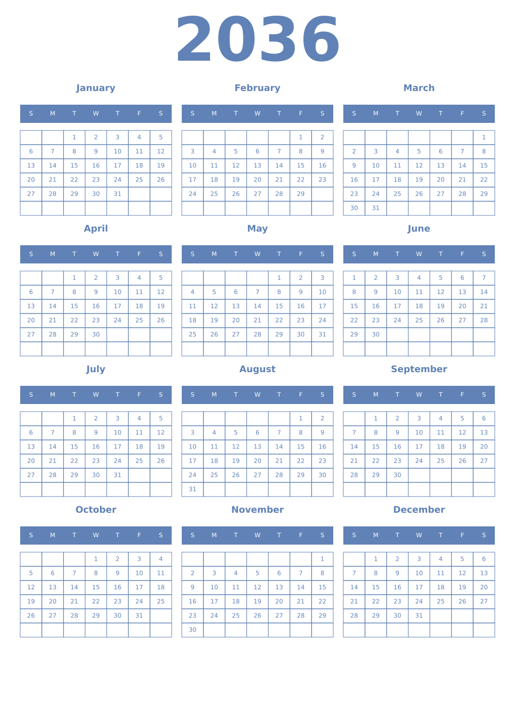 Printable 2036 Year Calendars glaucous