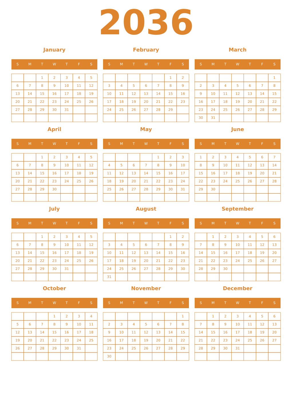 Printable 2036 Year Calendars orange