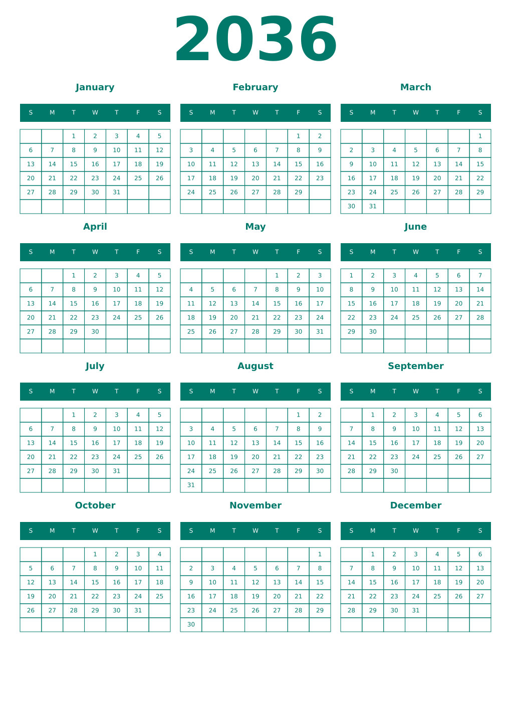 Printable 2036 Year Calendars pastel