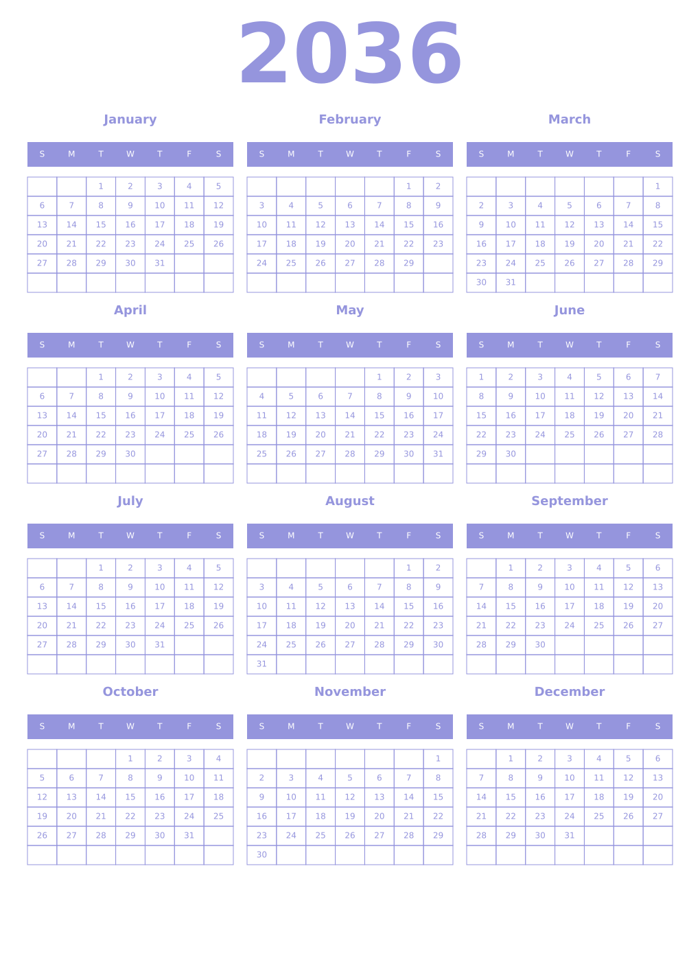 Printable 2036 Year Calendars periwinkle