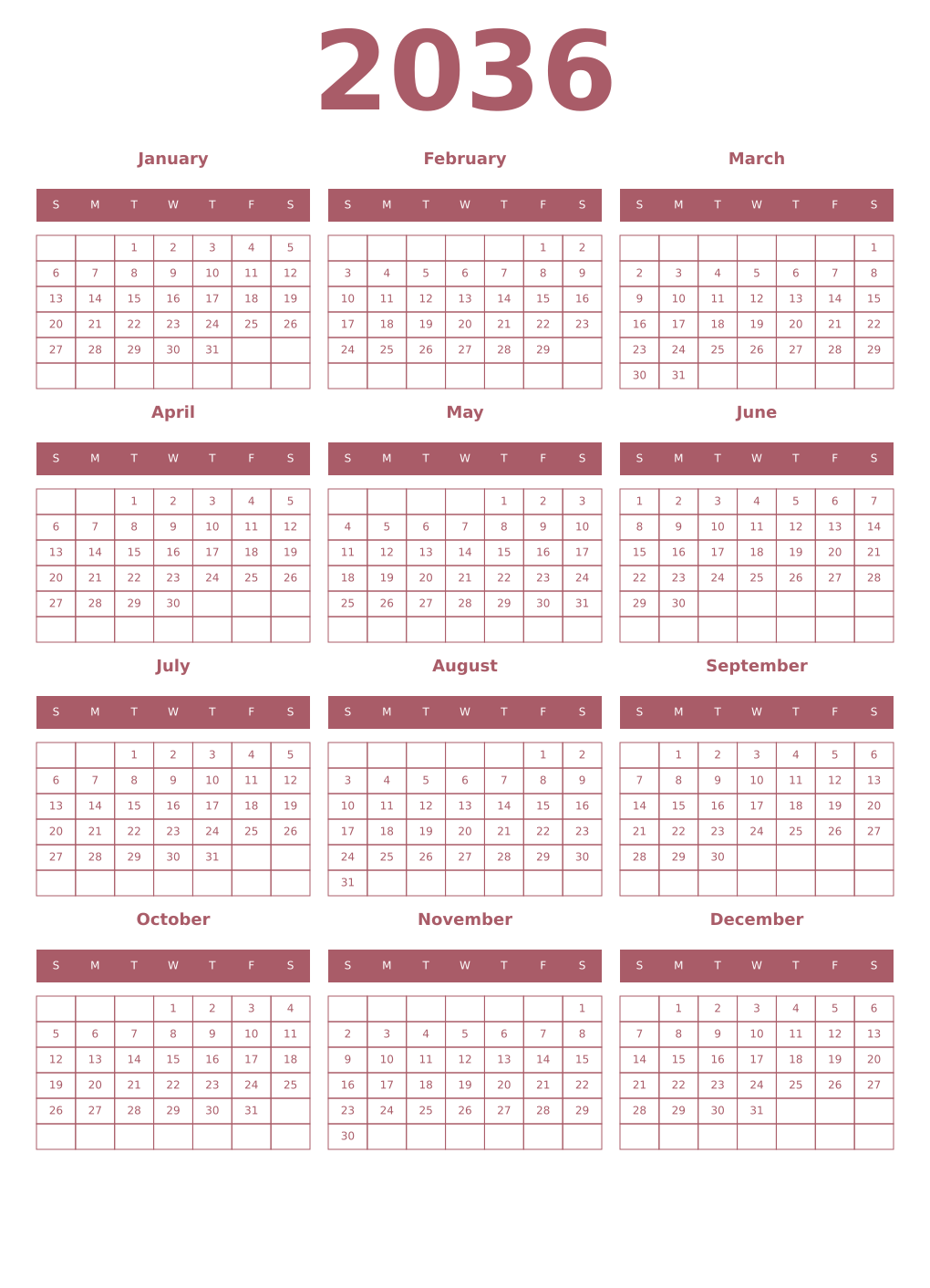 Printable 2036 Year Calendars puce