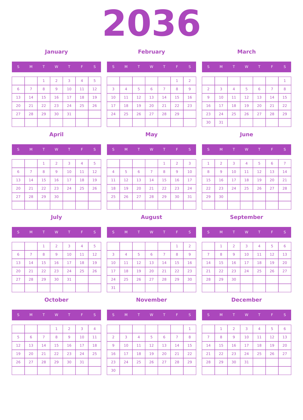 Printable 2036 Year Calendars purple