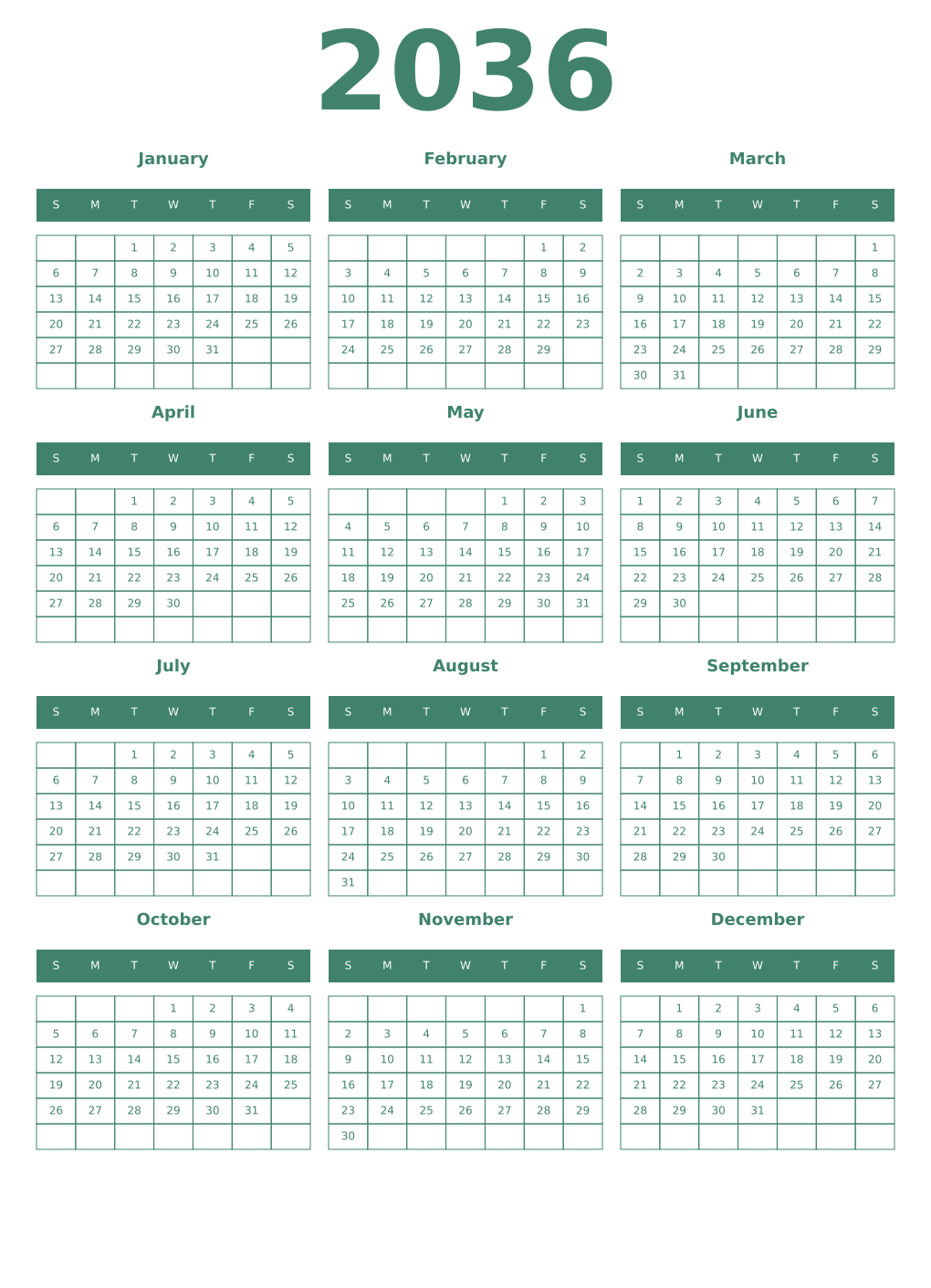 Printable 2036 Year Calendars viridian