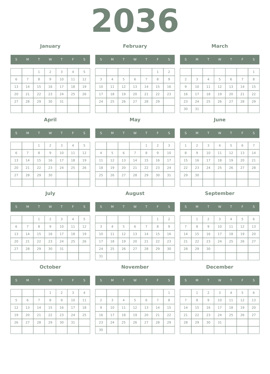 Printable 2036 Year Calendars xanadu