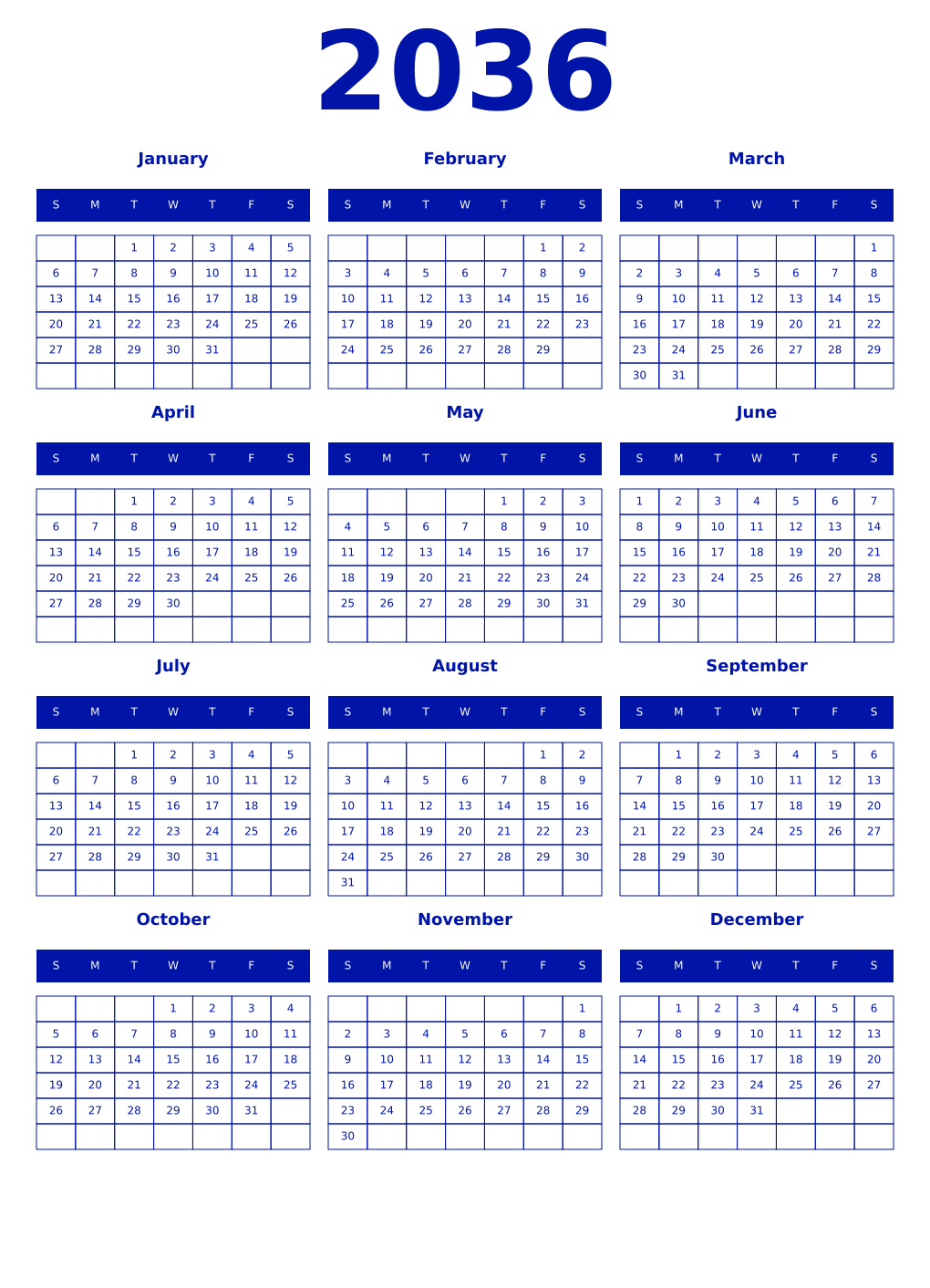 Printable 2036 Year Calendars zaffre