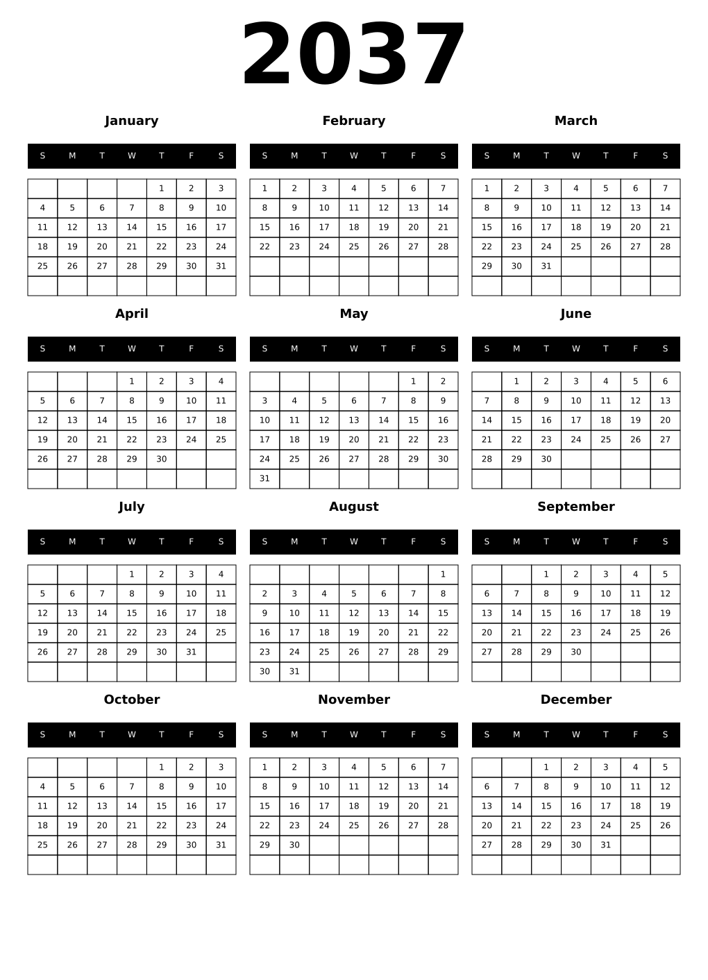 Printable 2037 Year Calendars black
