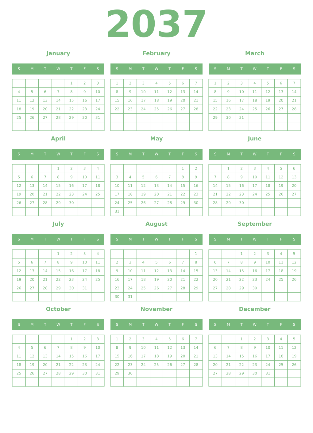 Printable 2037 Year Calendars celadon