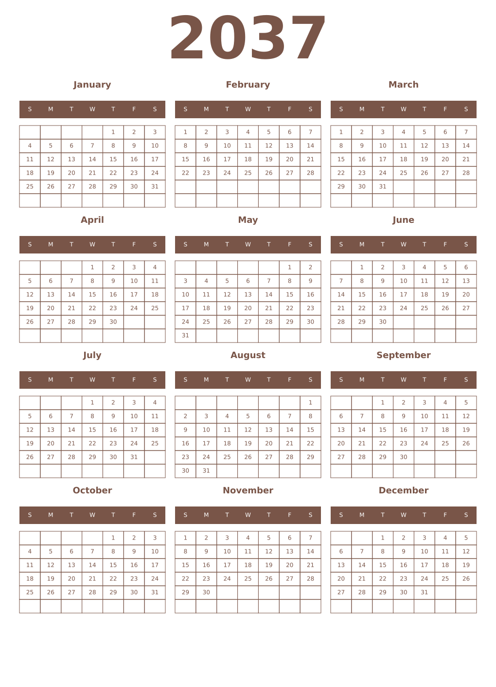Printable 2037 Year Calendars coffe