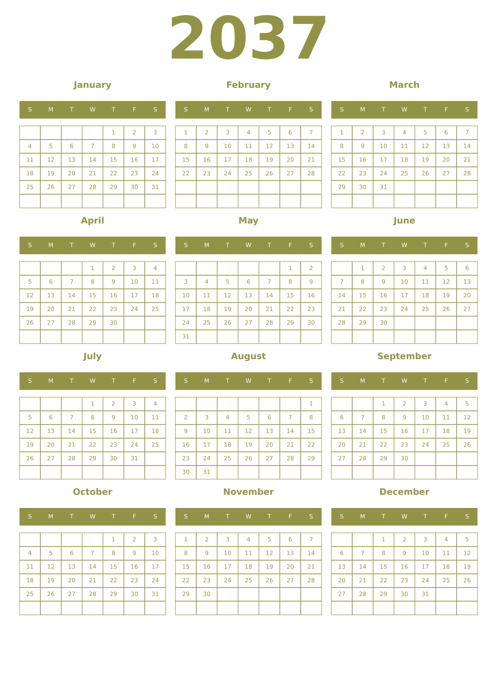 Printable 2037 Year Calendars eburnean