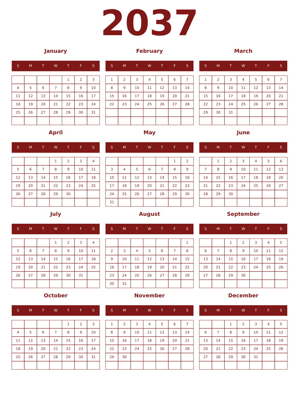 Printable 2037 Year Calendars falu