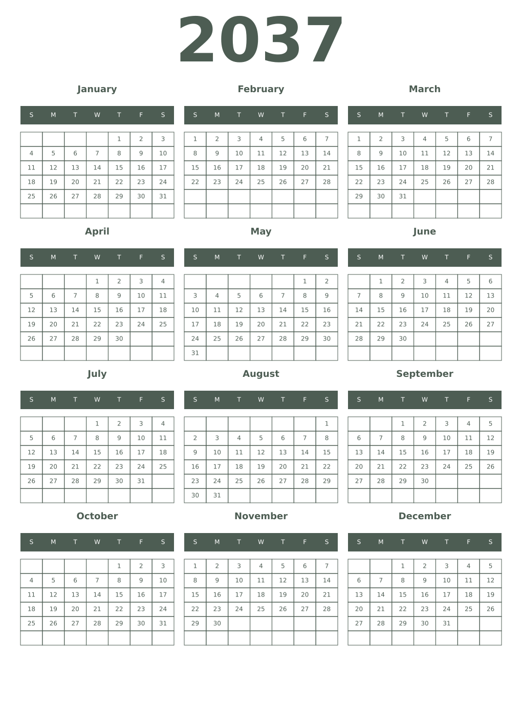 Printable 2037 Year Calendars feldgrau