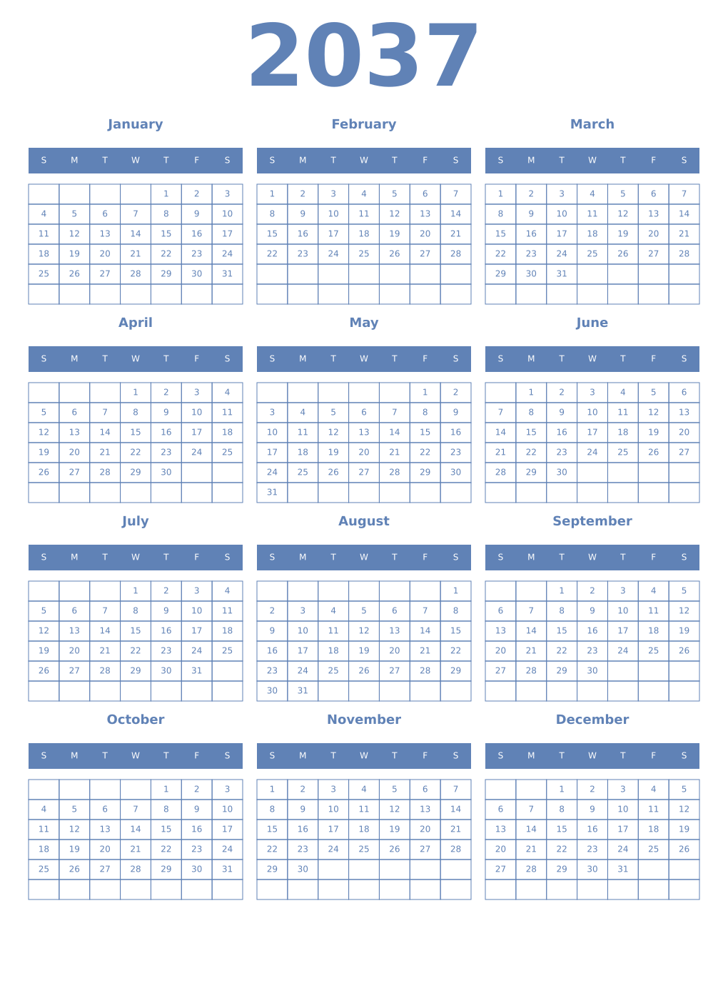Printable 2037 Year Calendars glaucous