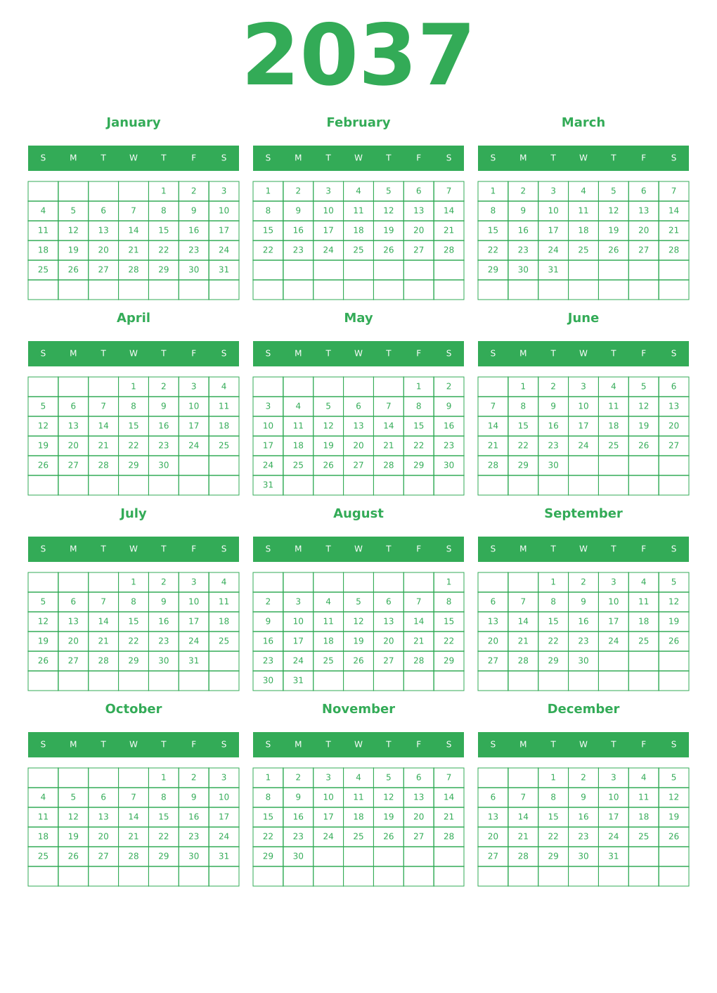 Printable 2037 Year Calendars green