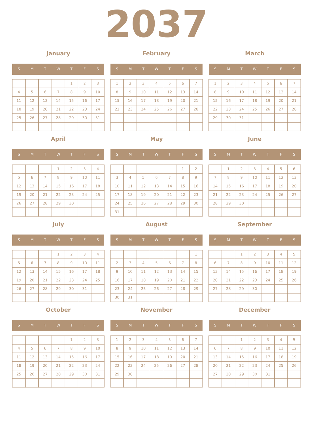Printable 2037 Year Calendars isabelline
