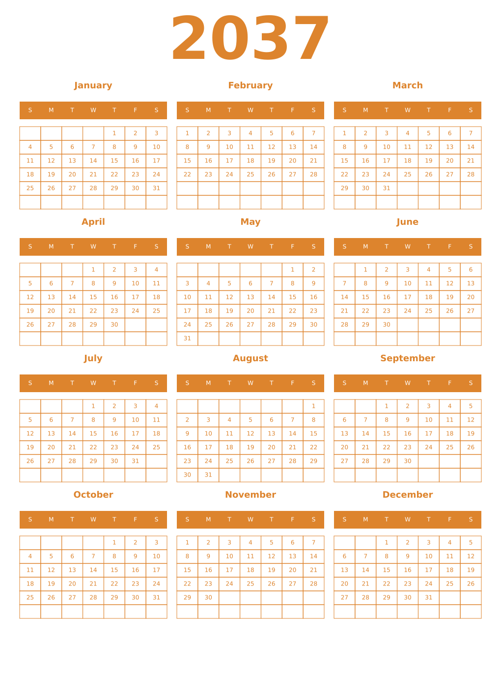 Printable 2037 Year Calendars orange