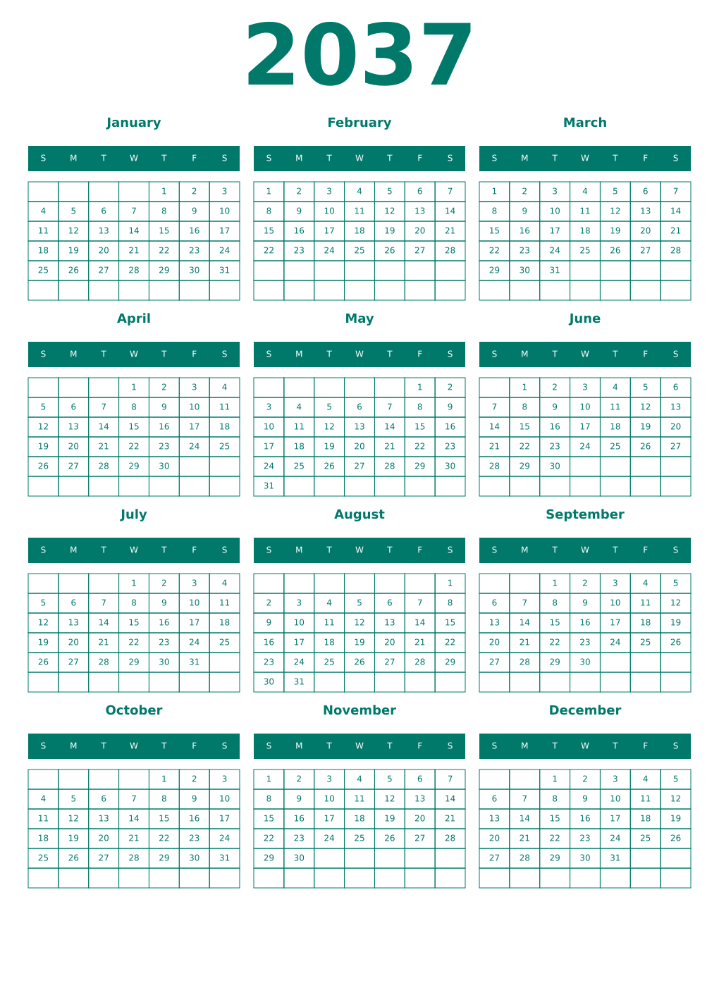 Printable 2037 Year Calendars pastel