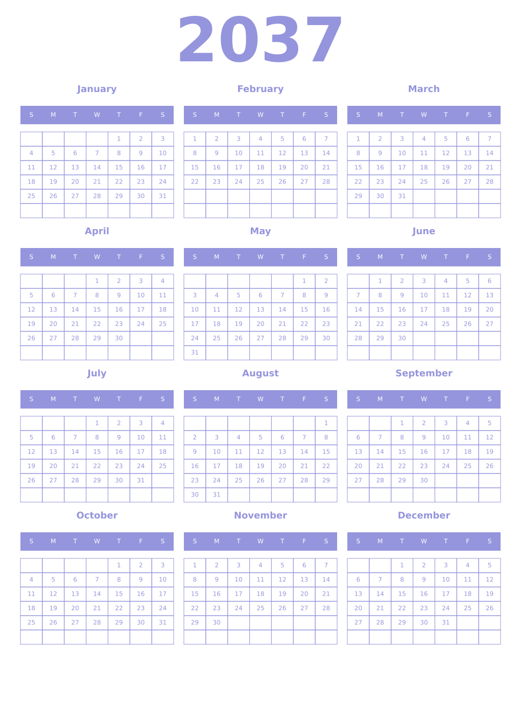Printable 2037 Year Calendars periwinkle