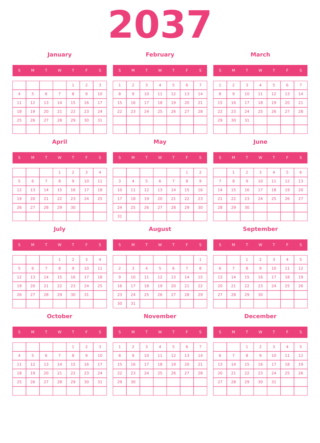 Printable 2037 Year Calendars pink