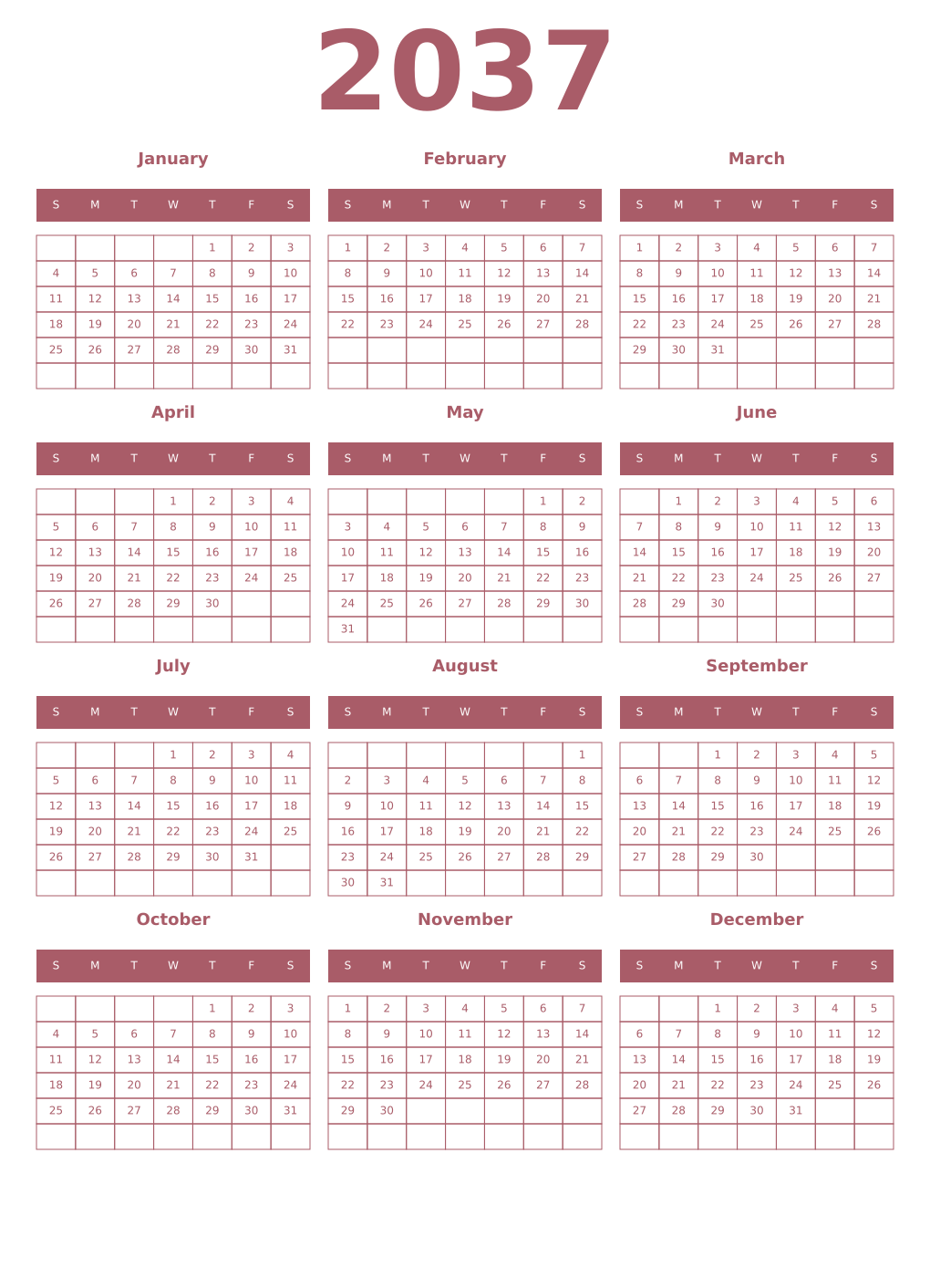 Printable 2037 Year Calendars puce
