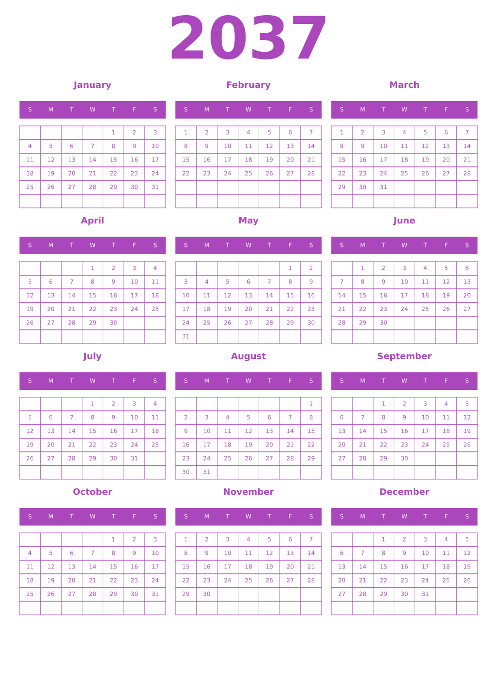 Printable 2037 Year Calendars purple