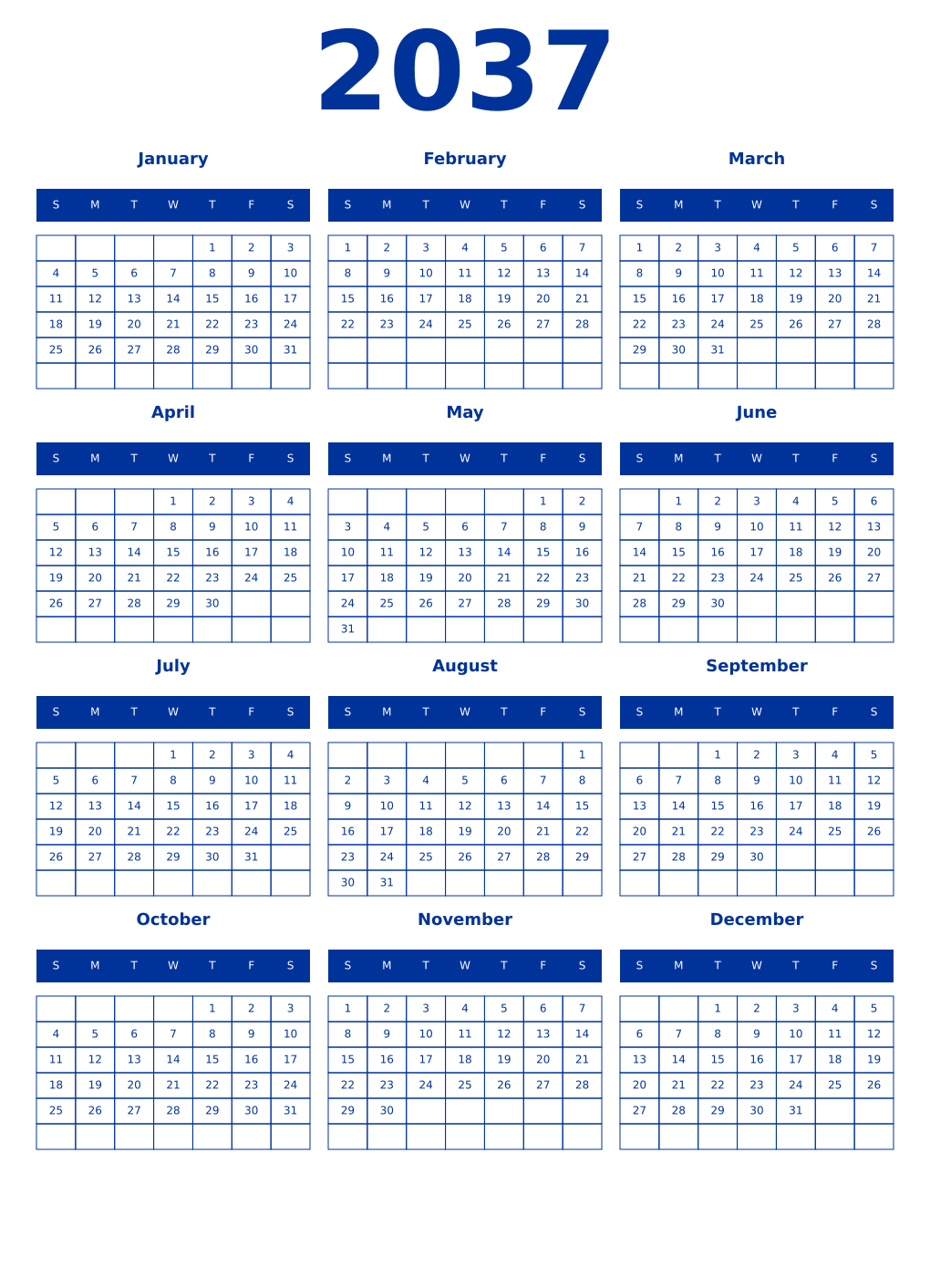 Printable 2037 Year Calendars smalt