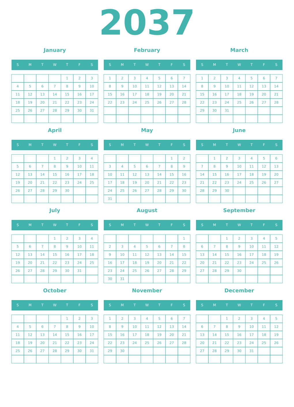 Printable 2037 Year Calendars verdigris