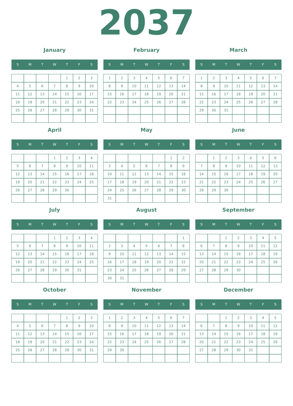 Printable 2037 Year Calendars viridian