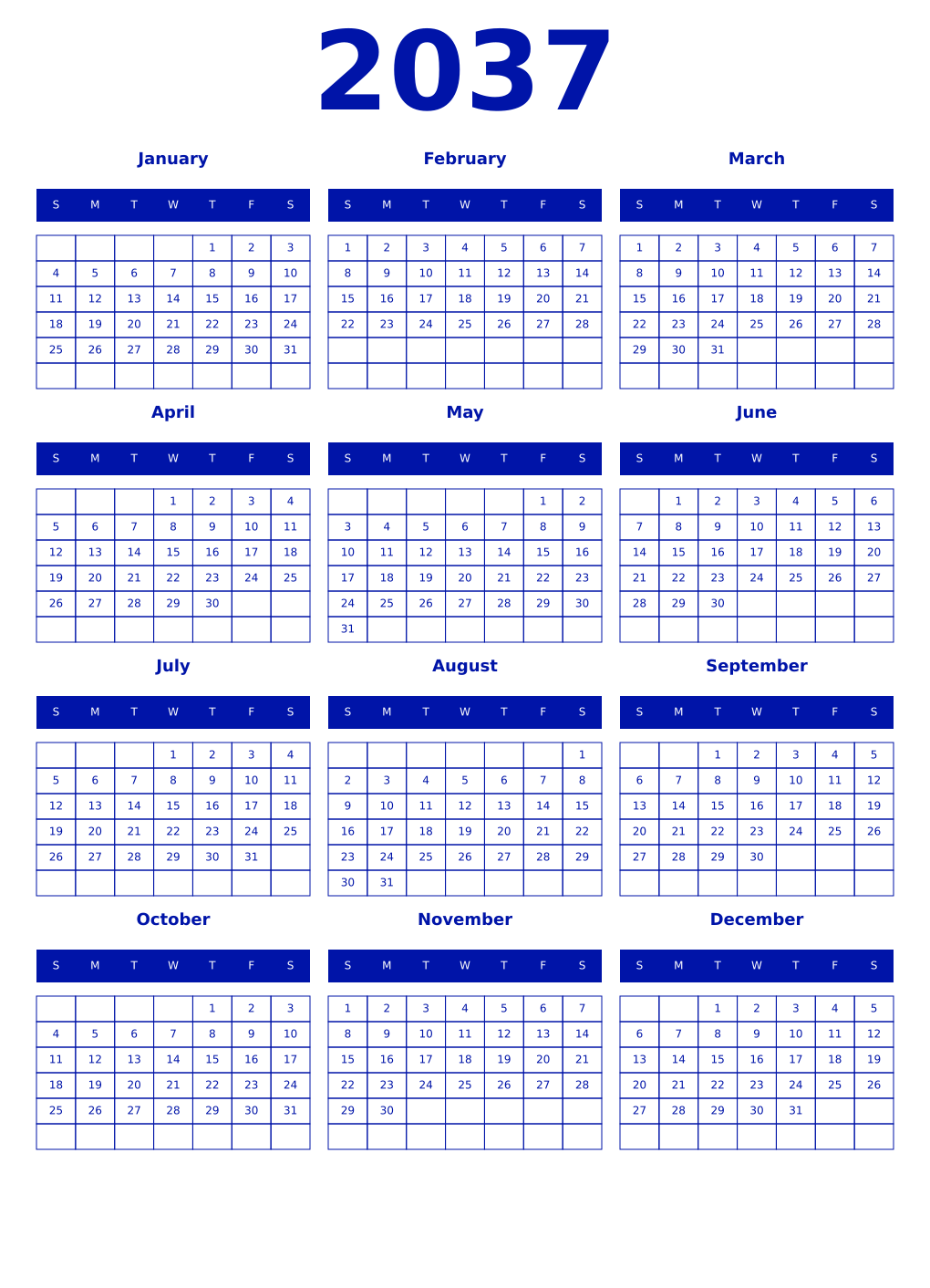 Printable 2037 Year Calendars zaffre