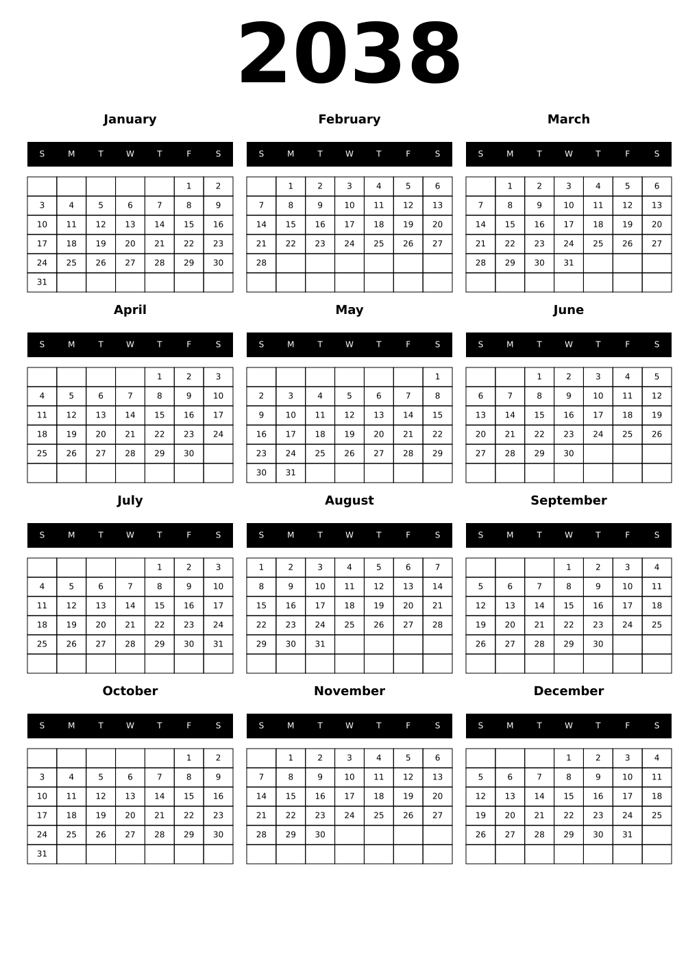 Printable 2038 Year Calendars black