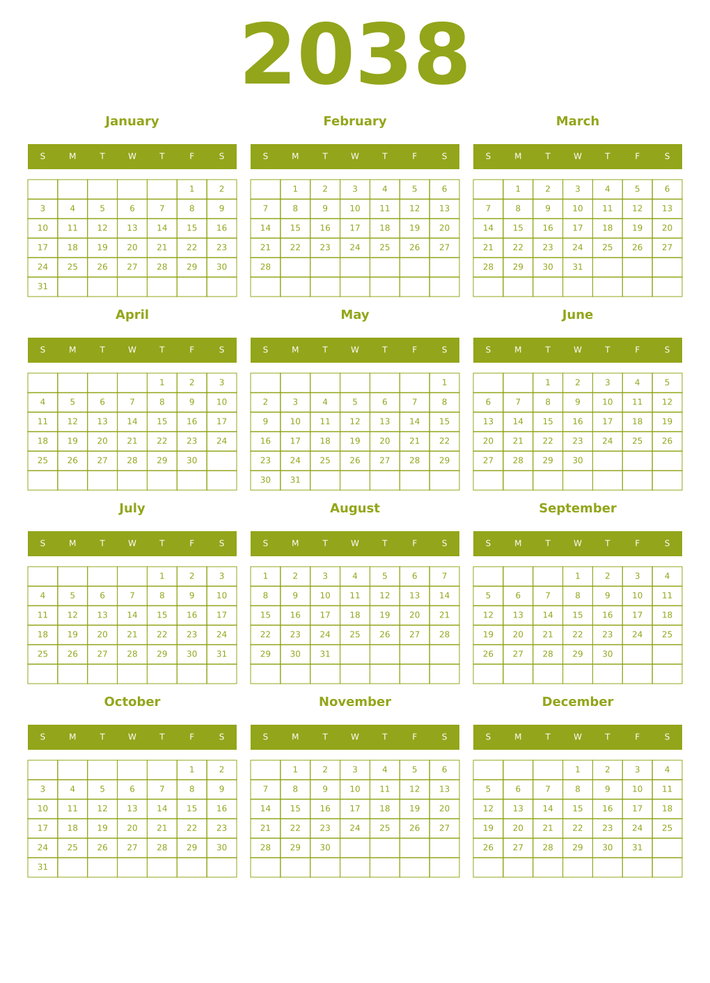 Printable 2038 Year Calendars chartreuse
