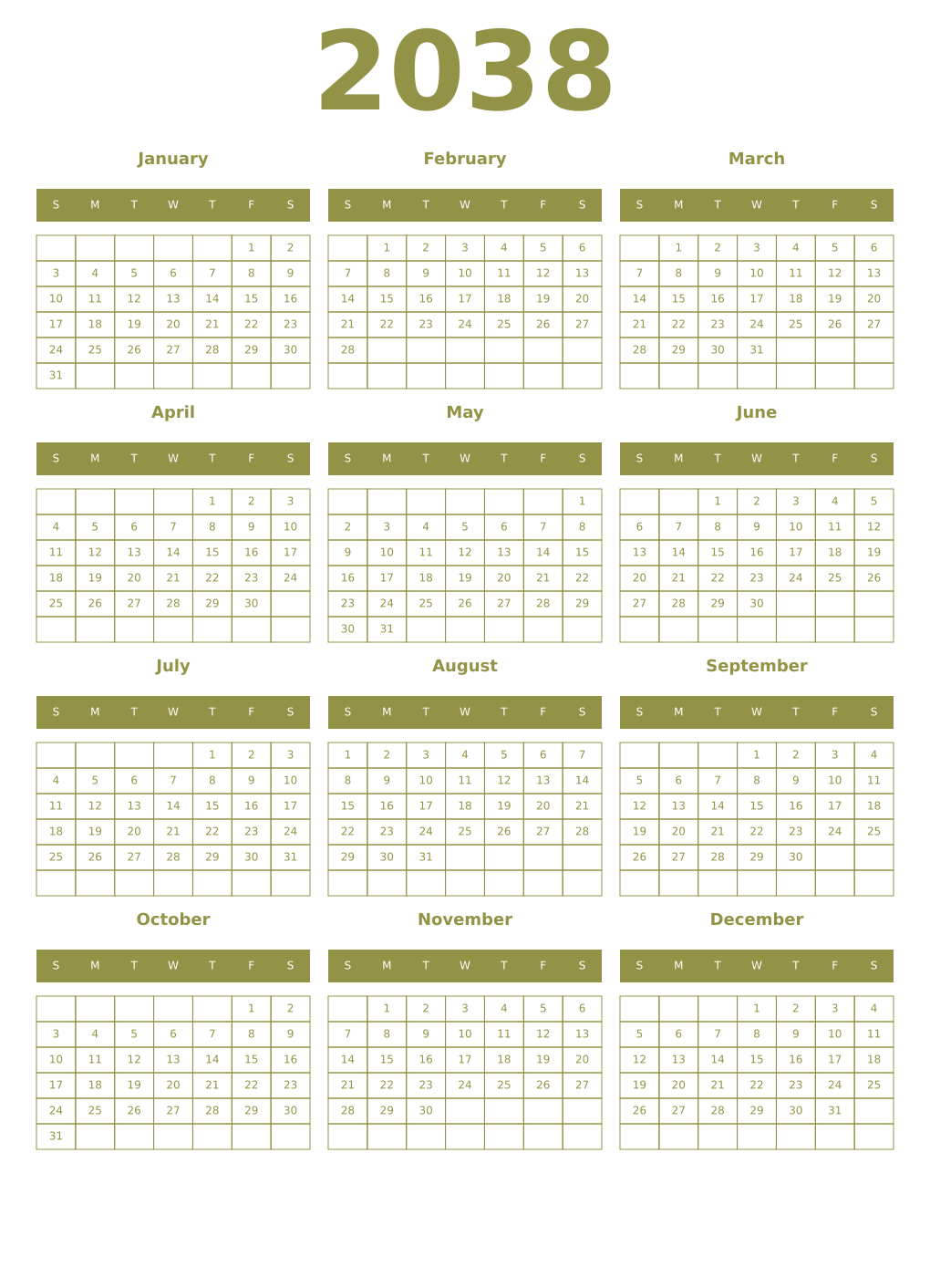 Printable 2038 Year Calendars eburnean