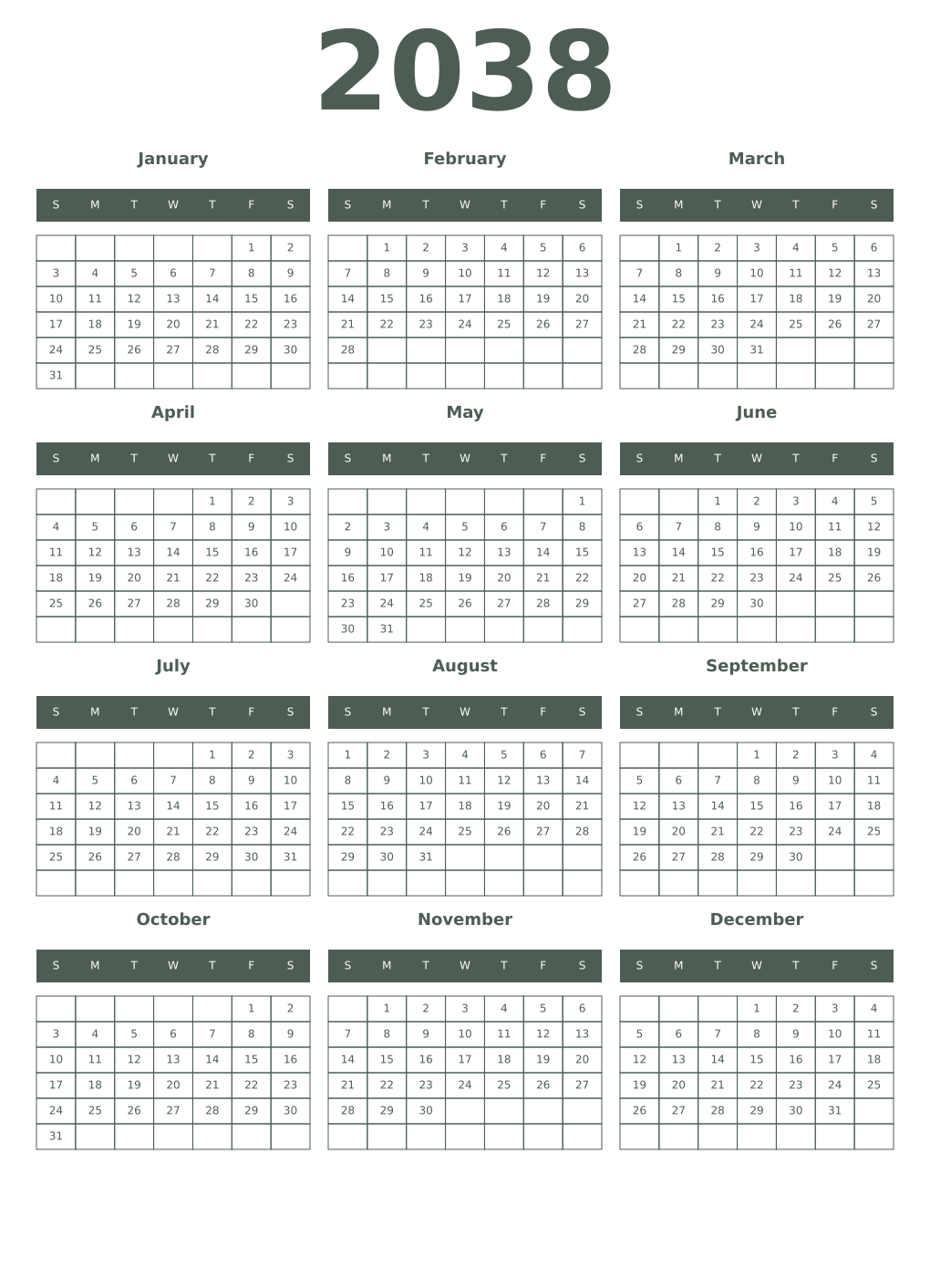 Printable 2038 Year Calendars feldgrau