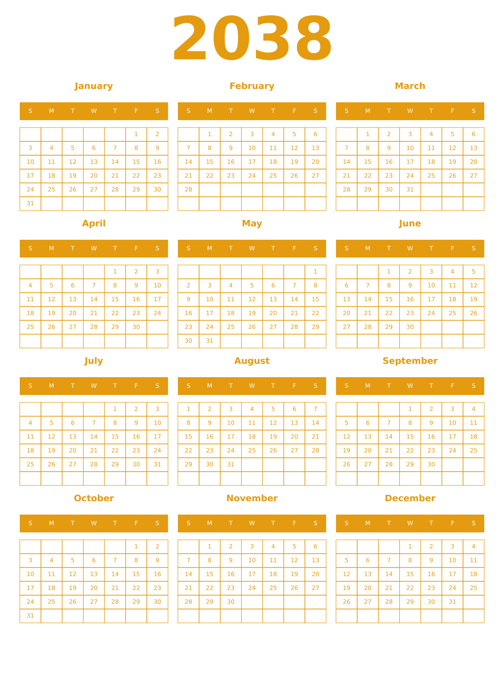 Printable 2038 Year Calendars gamboge