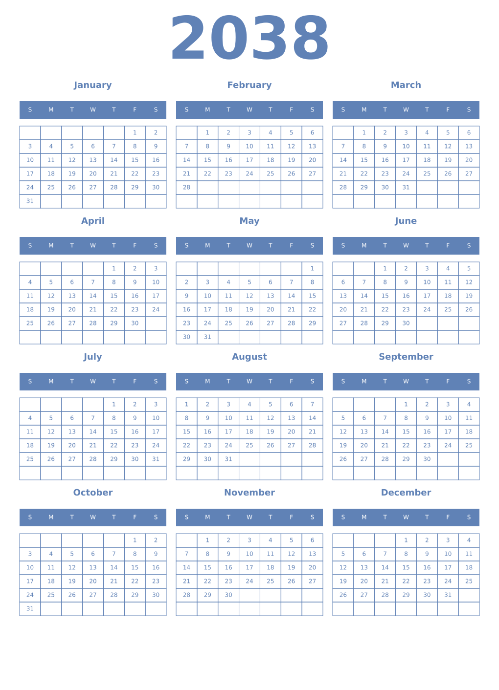 Printable 2038 Year Calendars glaucous
