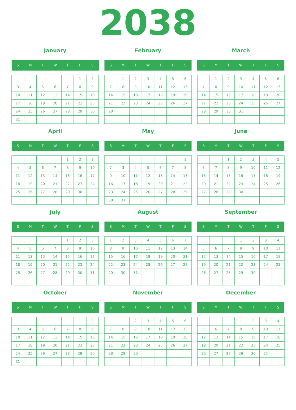 Printable 2038 Year Calendars green