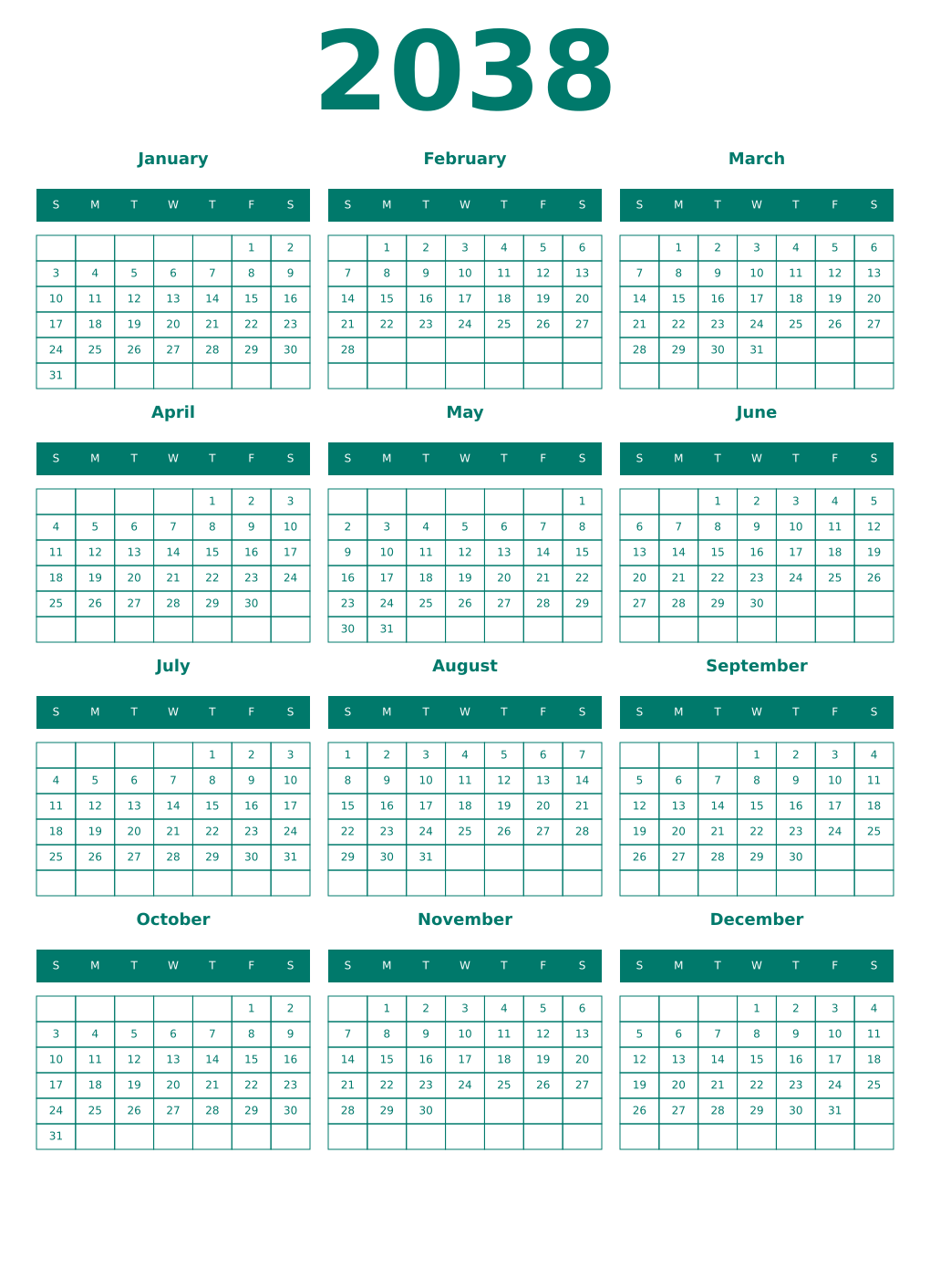 Printable 2038 Year Calendars pastel