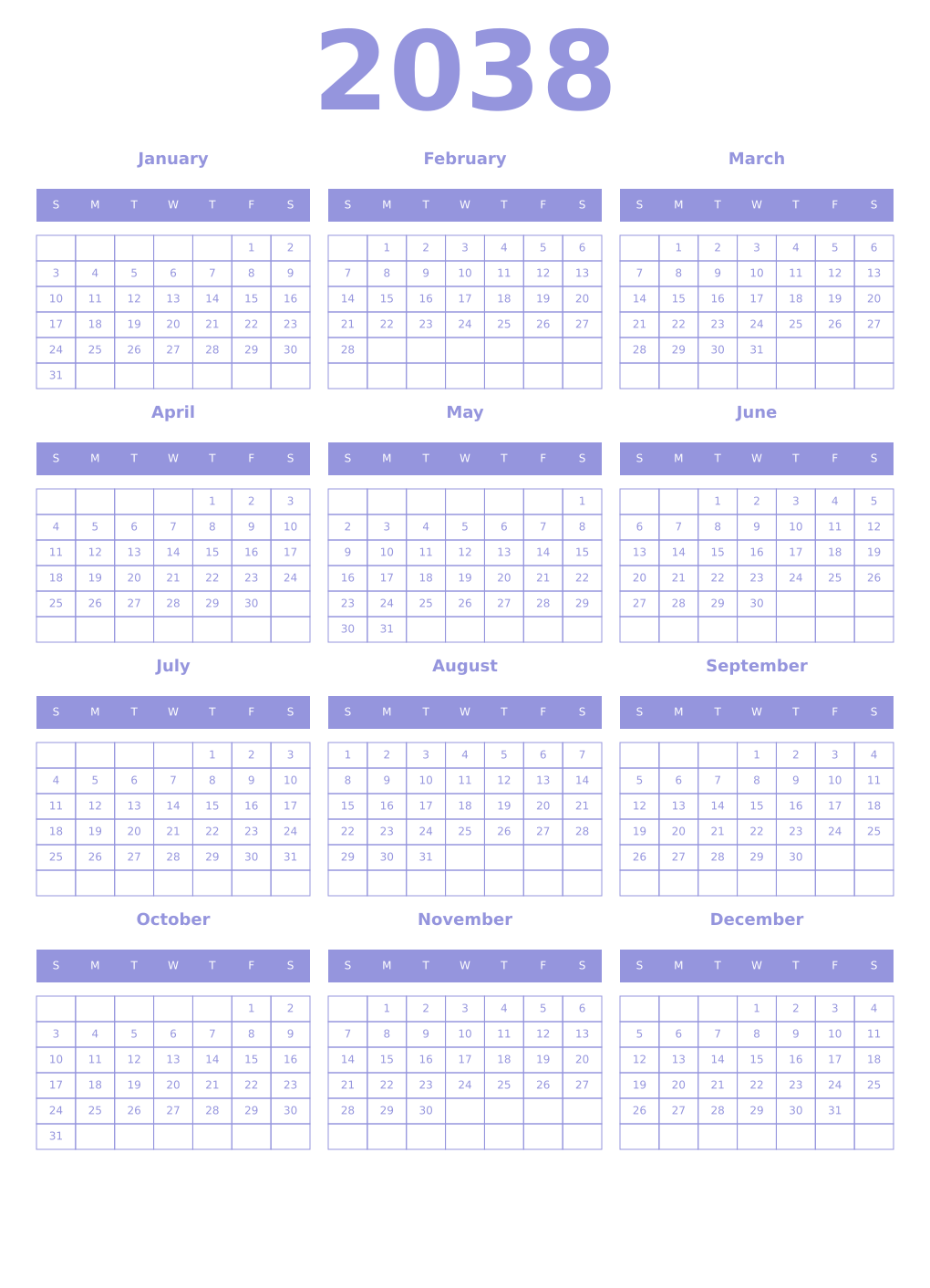 Printable 2038 Year Calendars periwinkle